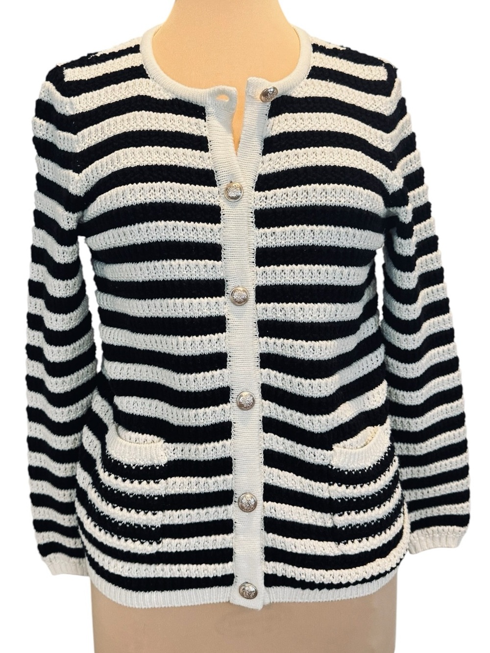 Fever Classic Black and White Striped Women’s Cardigan Sweater Gold Buttons S